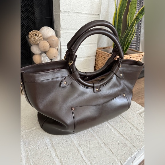 JIMMY CHOO Tahula Dark Brown Leather Gold Hardware Satchel Shoulder Bag Tote - Picture 8 of 16